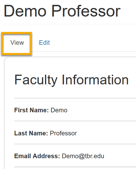 Screencast image of Demo Professor Faculty Information window. Image contact fields for First Name Demo, Last Name Professor, Email address Demo@tbr.edu and D2L Username Demo Professor