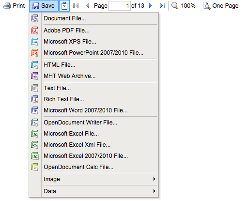 Screenshot of the Save button's pop-up menu items which include: Adobe PDF file, Excel file and document file, among other file types that will not be used