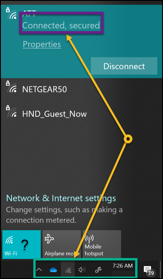 System tray highlighted with network window expanded to show connection status.
