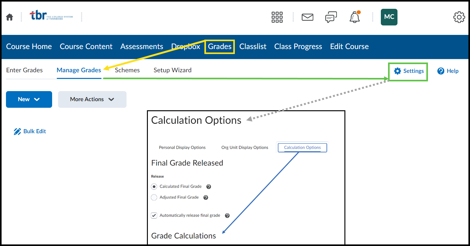 Navigation points outlined from Grades, Manage Grades, Settings, and Grade Calculations.