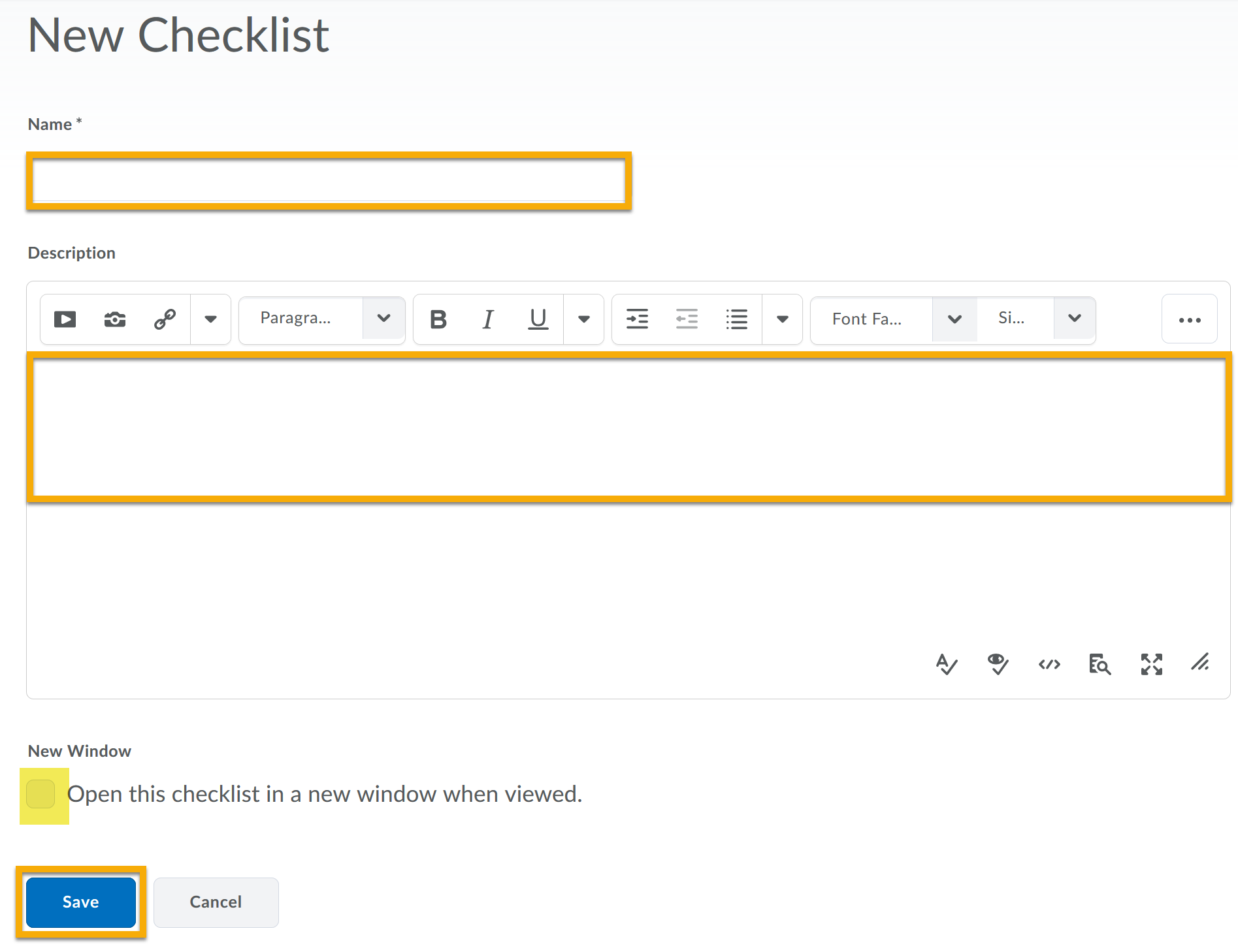 New checklist page with the Name and Description textboxes highlighted. New Window checkbox and Save highlighted.