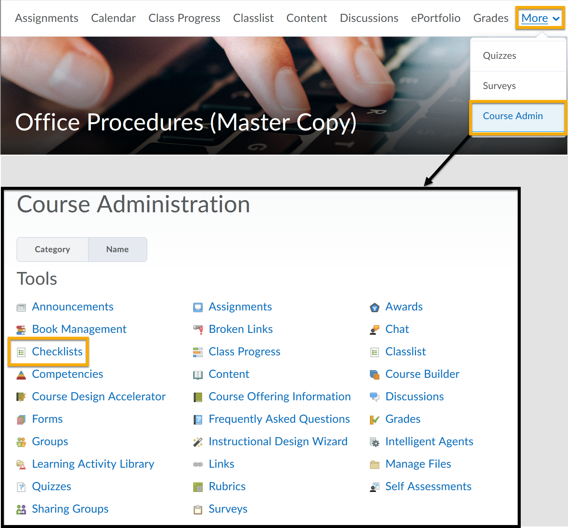 Course Admin highlighted from navbar with arrow pointing to Course Admin page with Checklists highlighted.