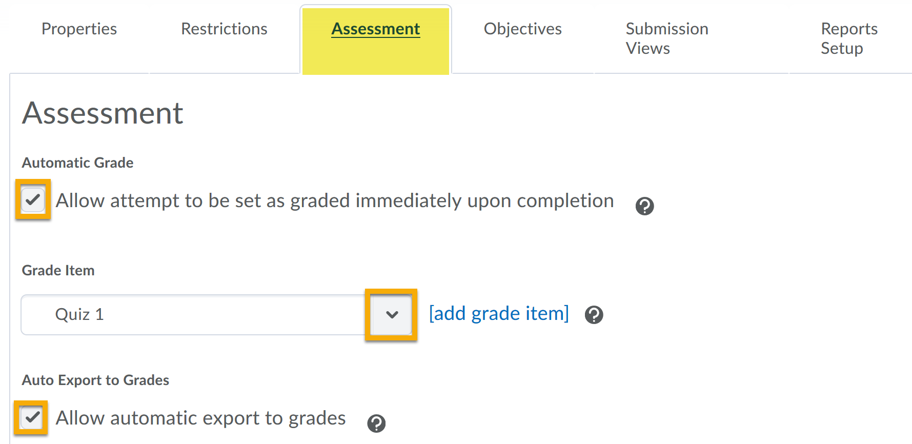 Assessment tab highlighted. Checkboxes selected for Automatic Grades and Auto Export to Grades.