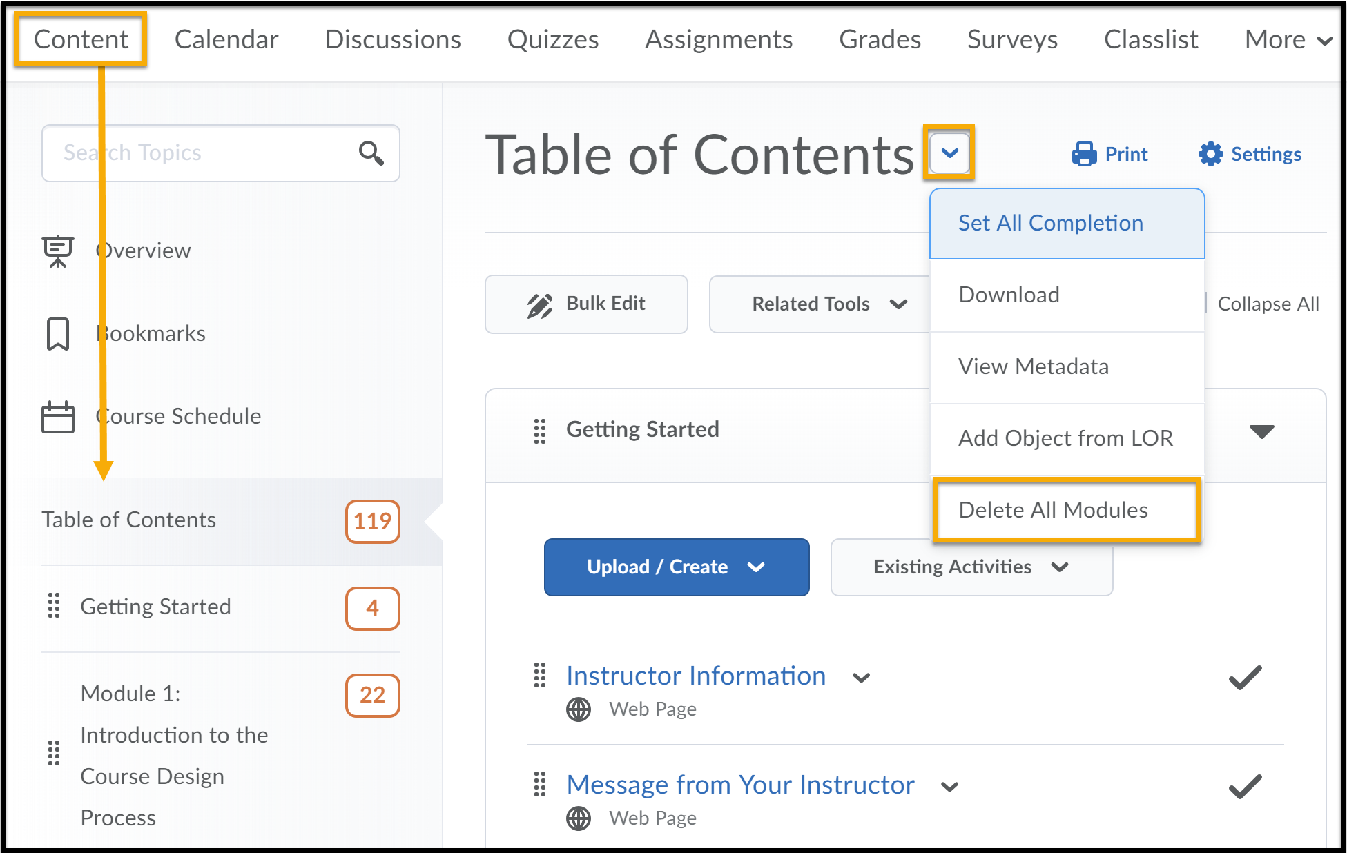 Content highlighted with an arrow pointing to Table of Contents. TOC menu expanded to delete all modules..