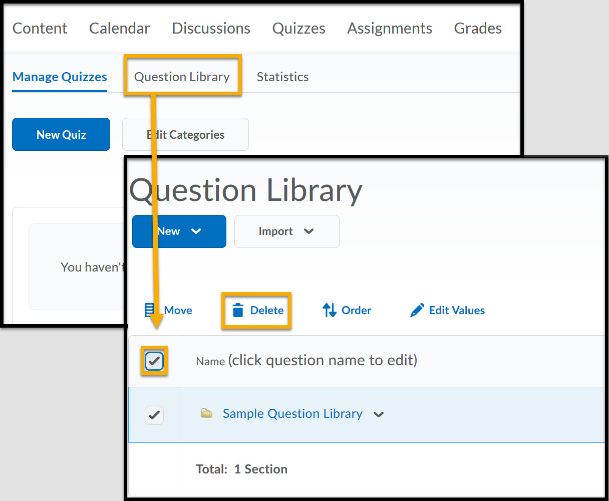 Cascading windows highlighting Question Libary with an arrow pointing to check all check box.