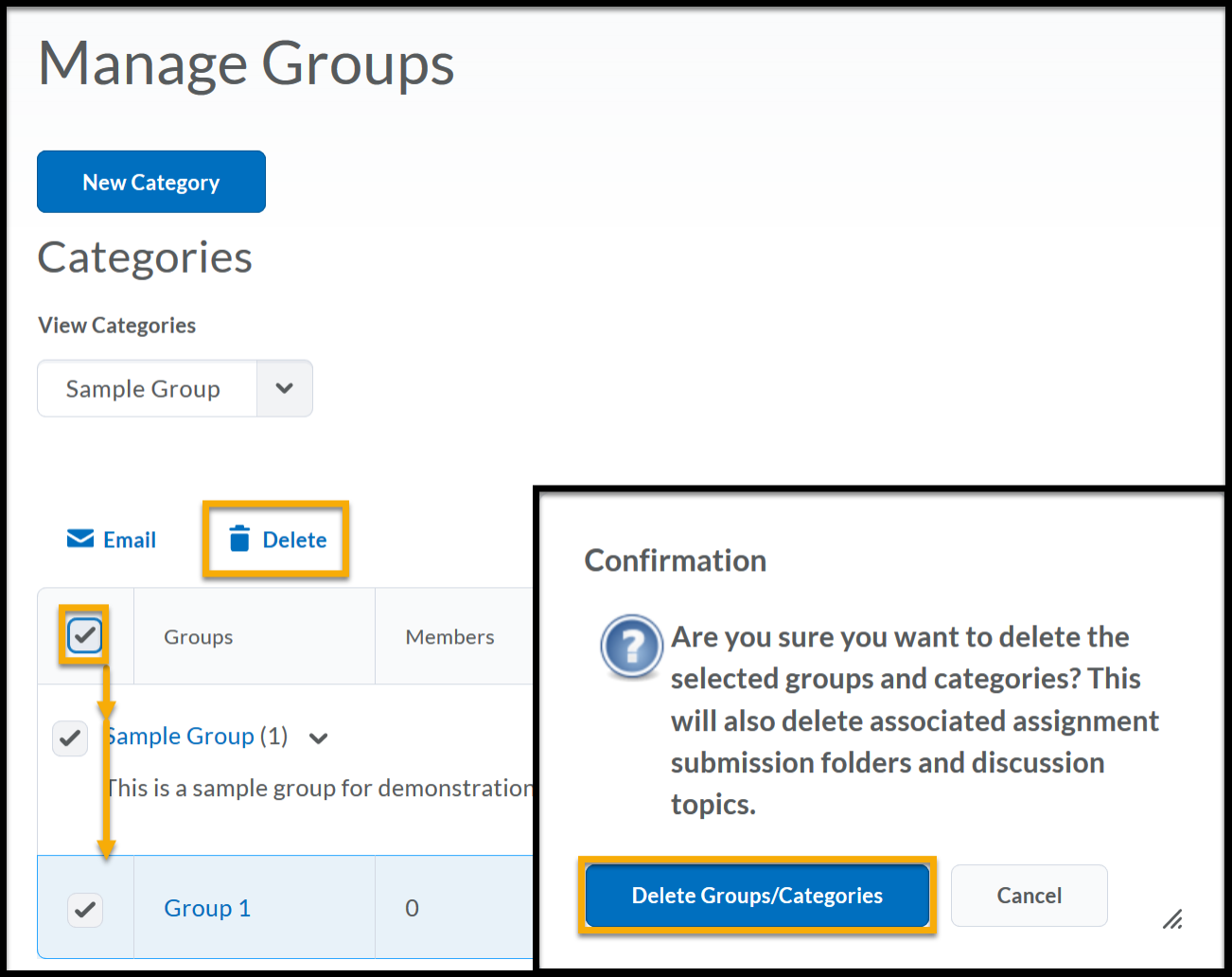 Manage Groups expanded with checkboxes selected for each and Delete highlighted.