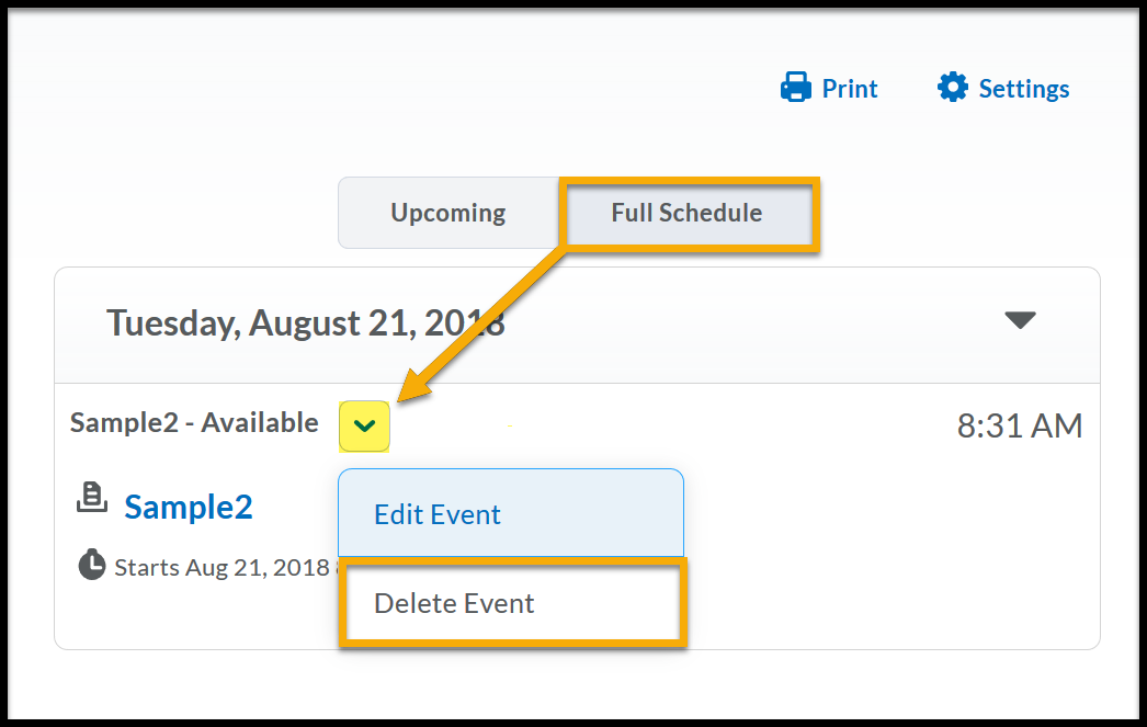 Full Schedule open with arrow pointing to menu. Delete Event highlighted.