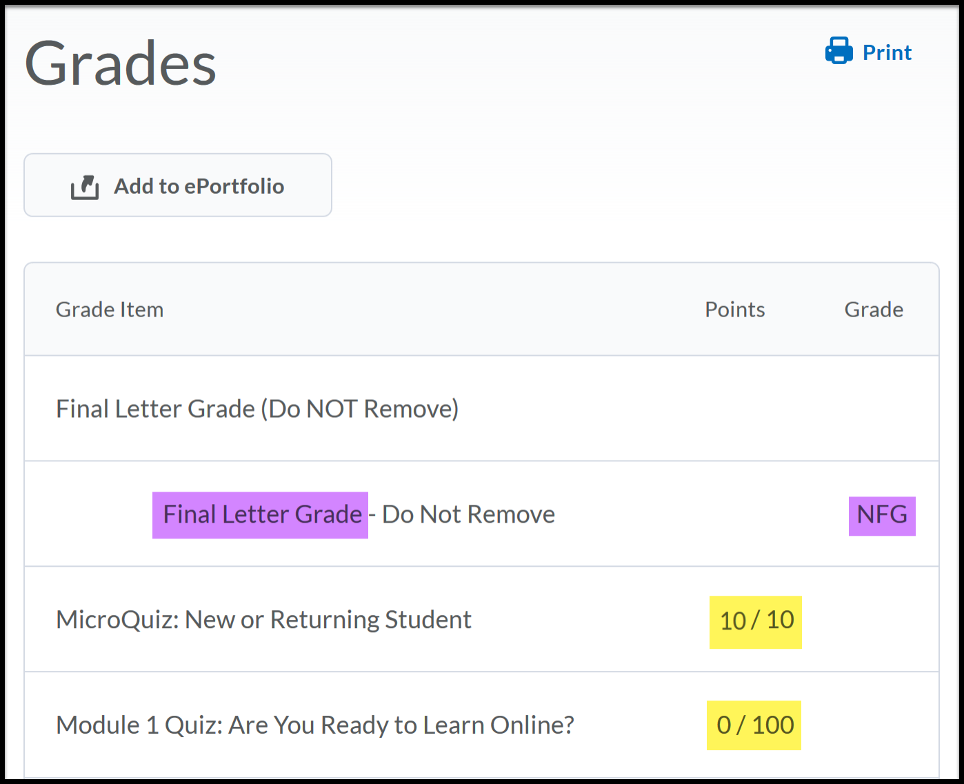 Sample Grades page opens Final Letter Grade and Module 1 quiz are highlighted.