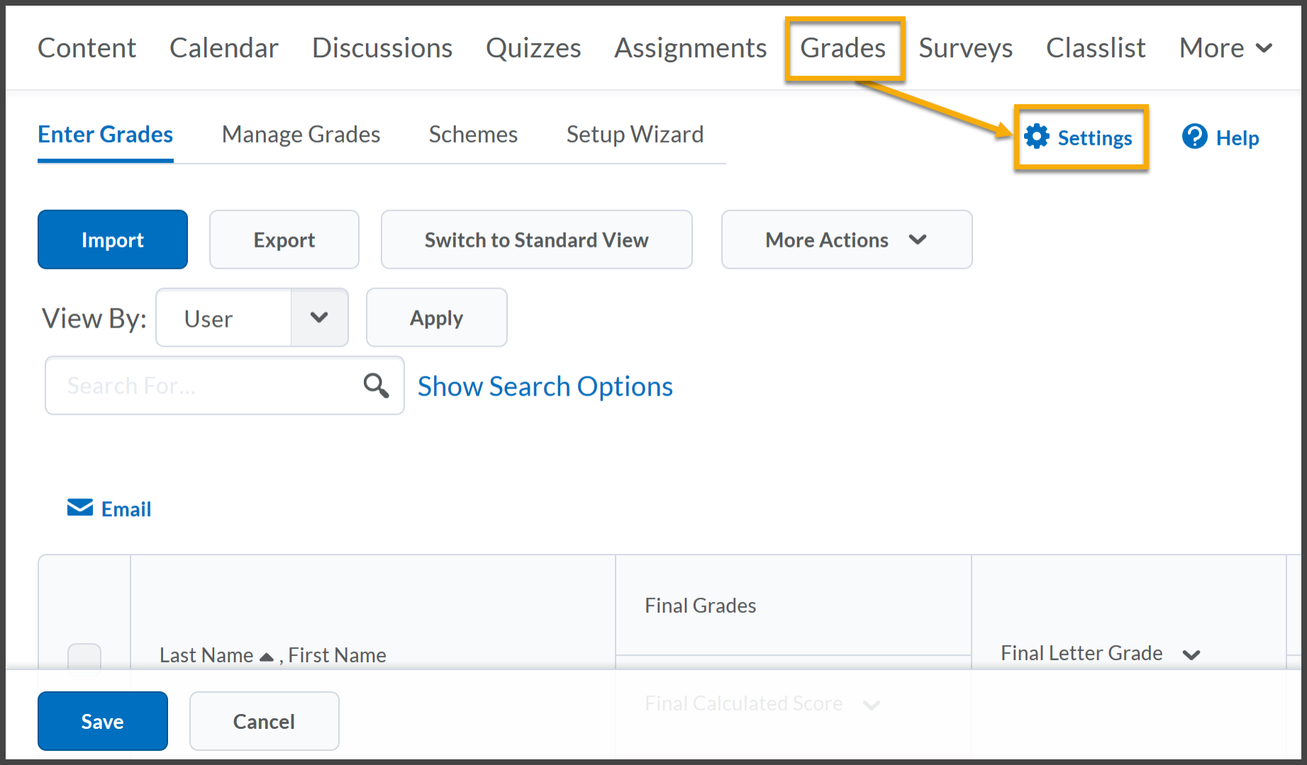 From Grades, arrow points to Settings.
