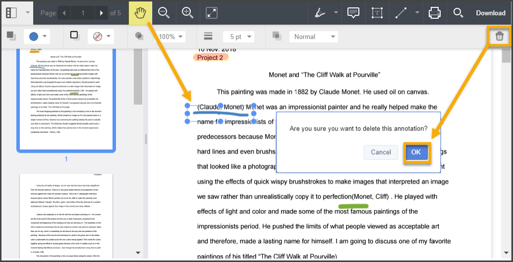 Pan symbol highlighted and used to selected a drawn line on student paper. Trash icon selected and OK highlighted.