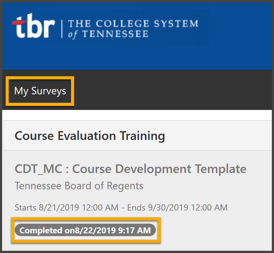 Completion message with datestamp. My Surveys also highlighted.