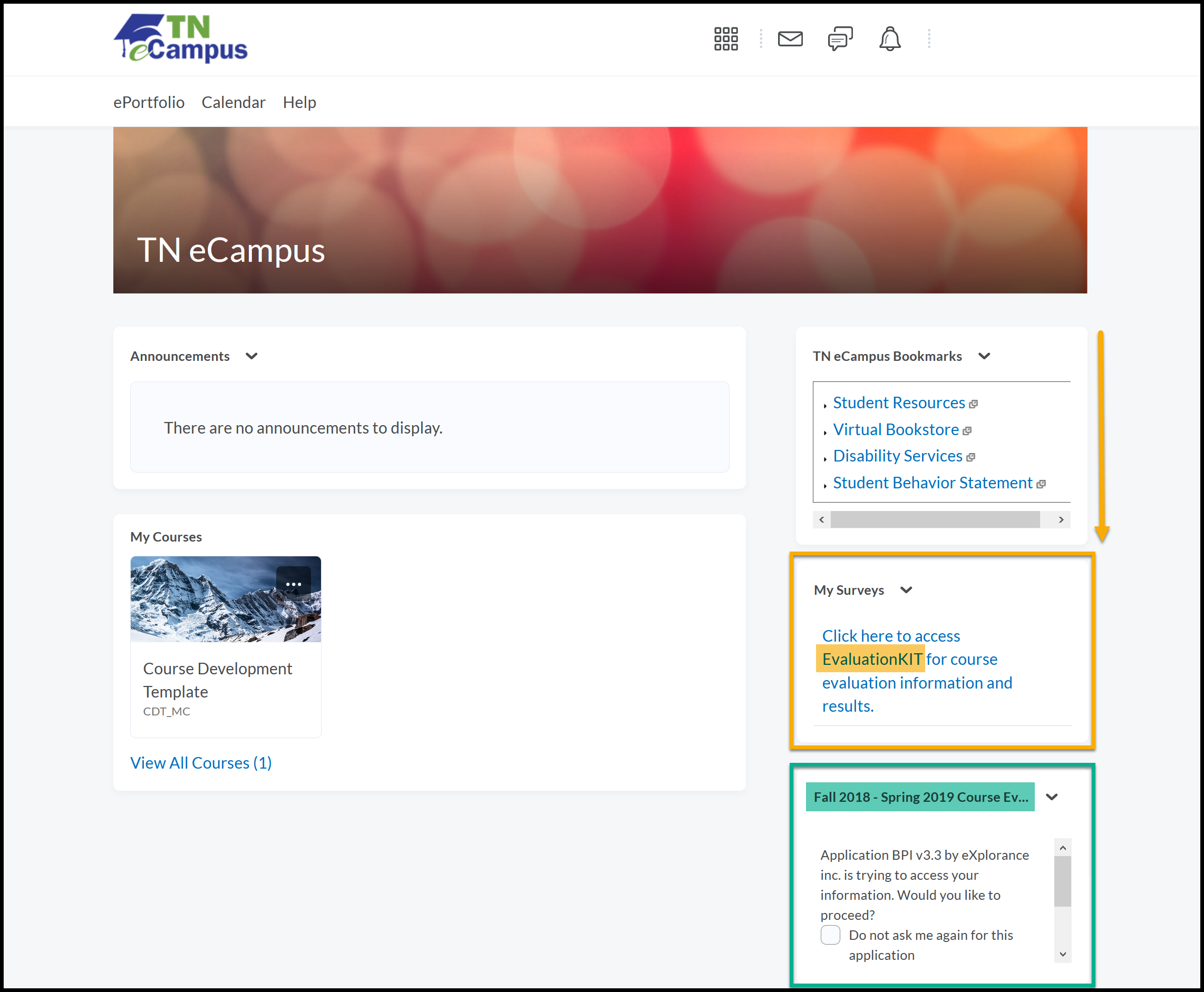TN eCampus homepage with arrow pointing down (bottom of the page) to Evaluation Kit under My Surveys. Fall 2018 and spring 2019 also highlighted in another button/region.