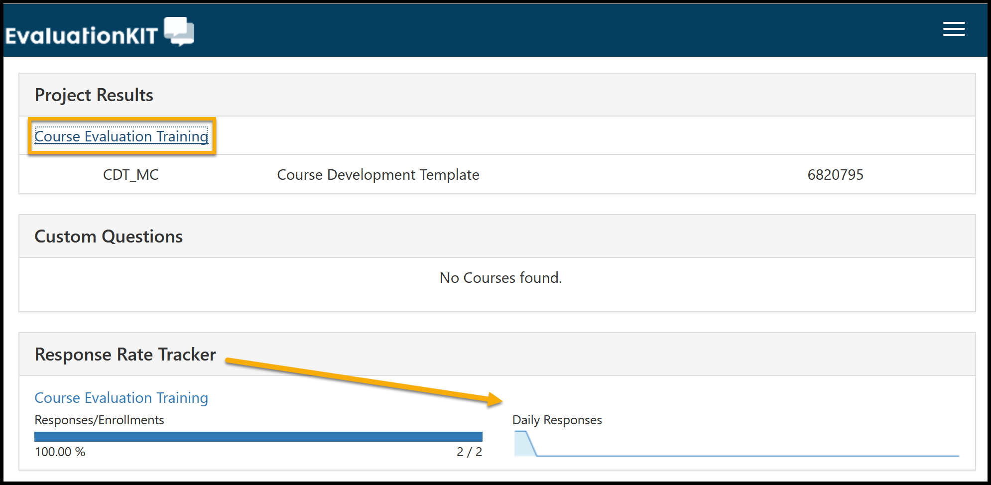 Course selected under Project Results. Response Tracker also shown with 2 results.