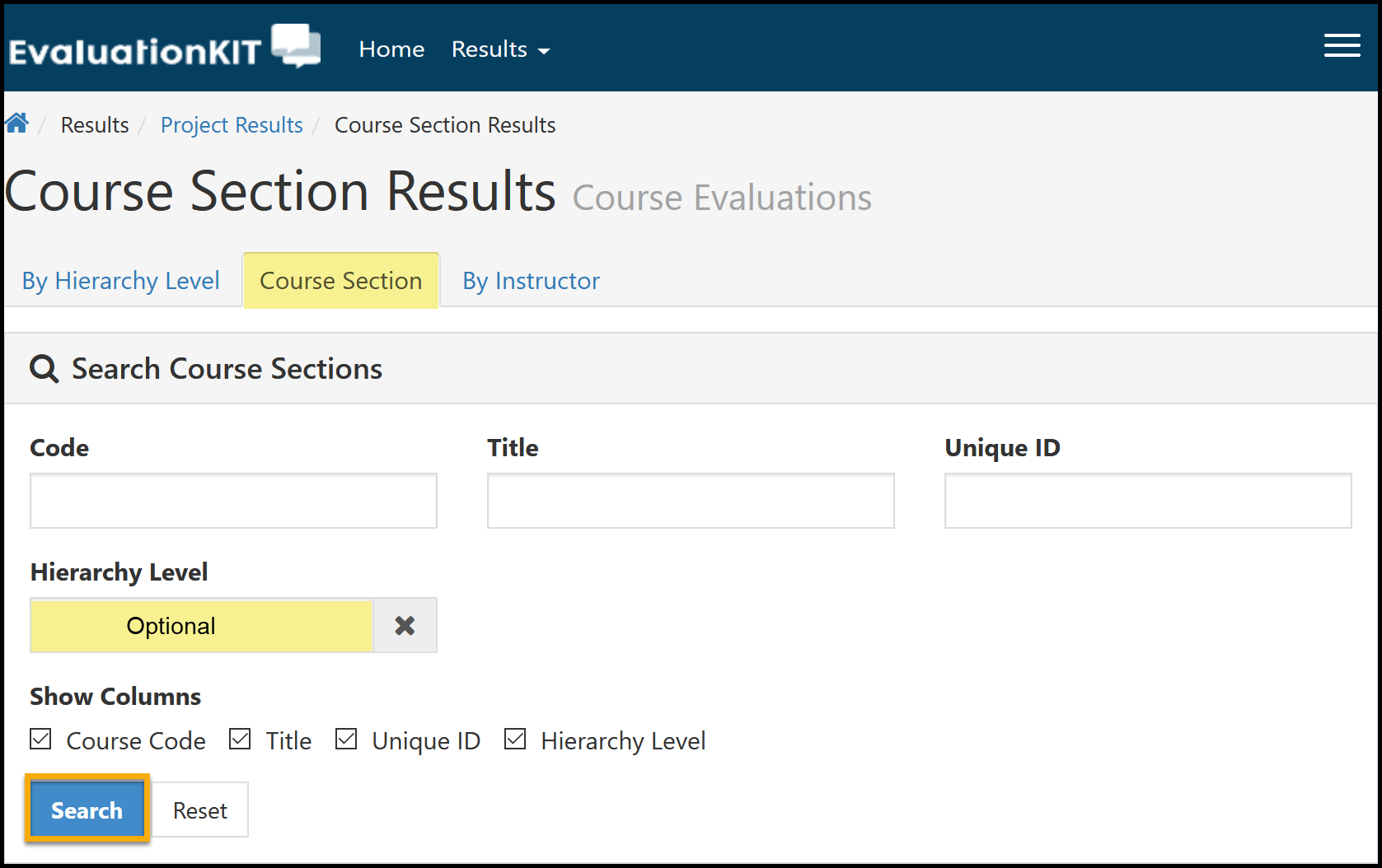 Course Selection highlighted. Search by Code, Course Name and Unique ID. Search is highlighted.