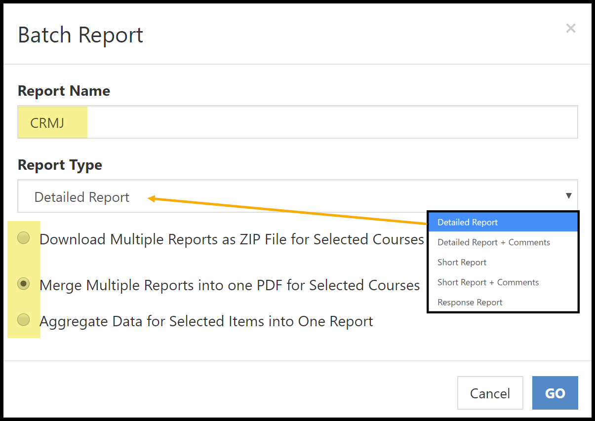 Batch Report window with options and report types highlighted