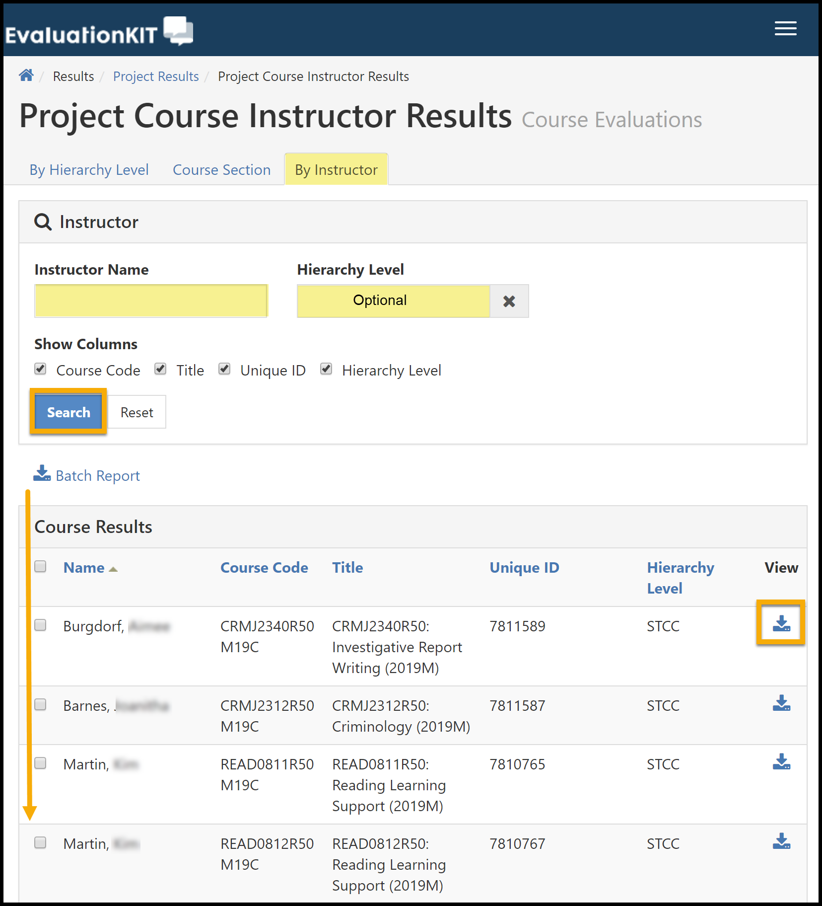 Instructor tab is highlighted. Arrow pointing to course list. A single course download link is highlighted.