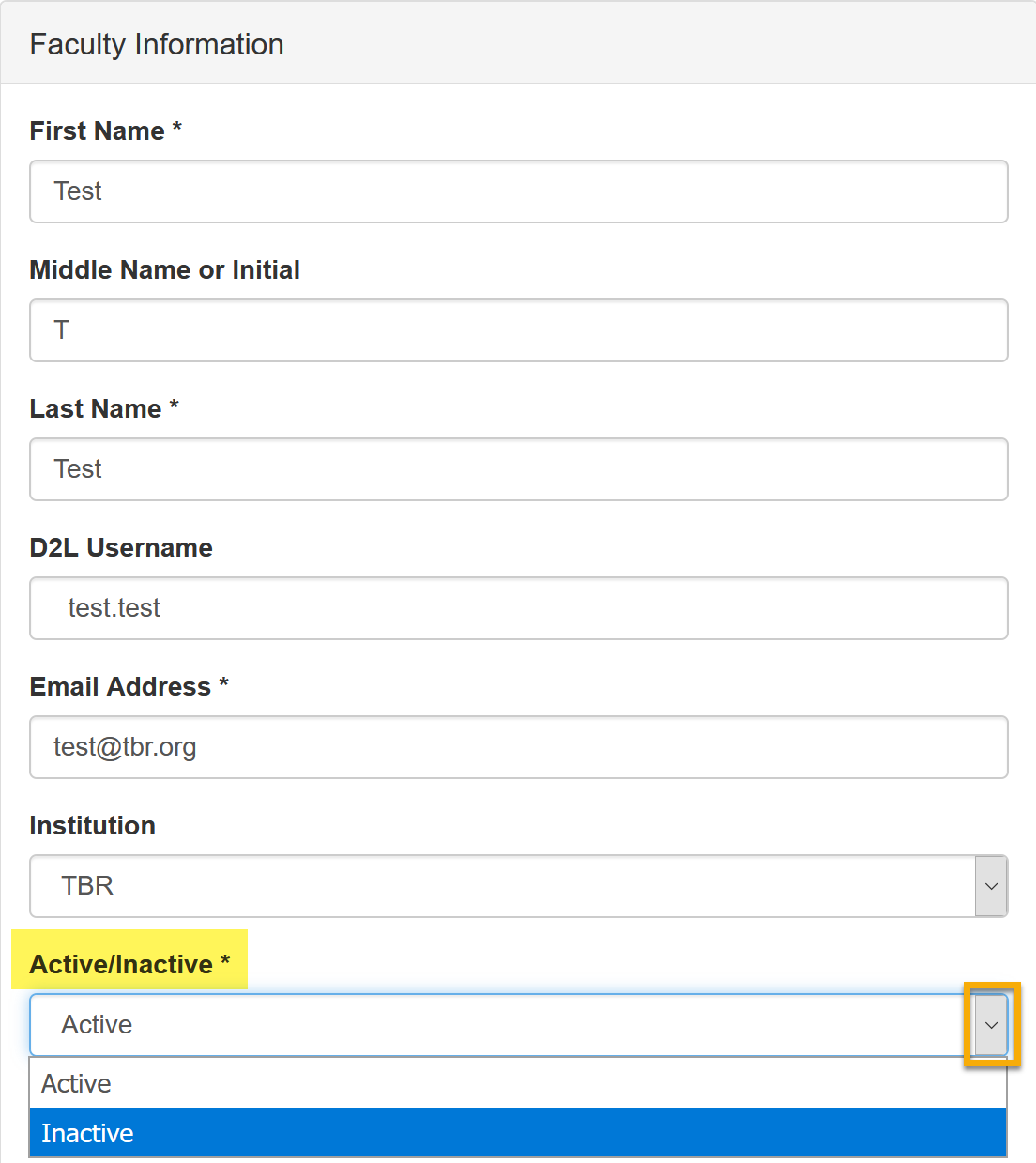 Screencast of Faculty Information fields that include First Name (required), Middle Name, Last Name (required), D2L Username, Email Address (required), and Institution.