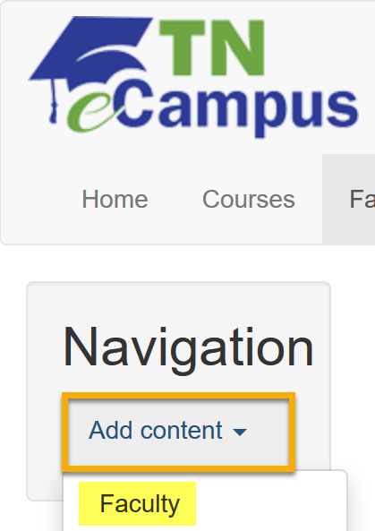 Navigation box selecting Add Content and Faculty.