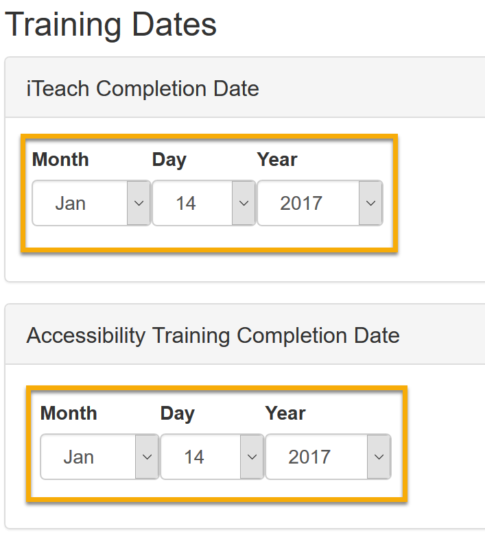 iTeach and Accessibility training date fields with sample dates.
