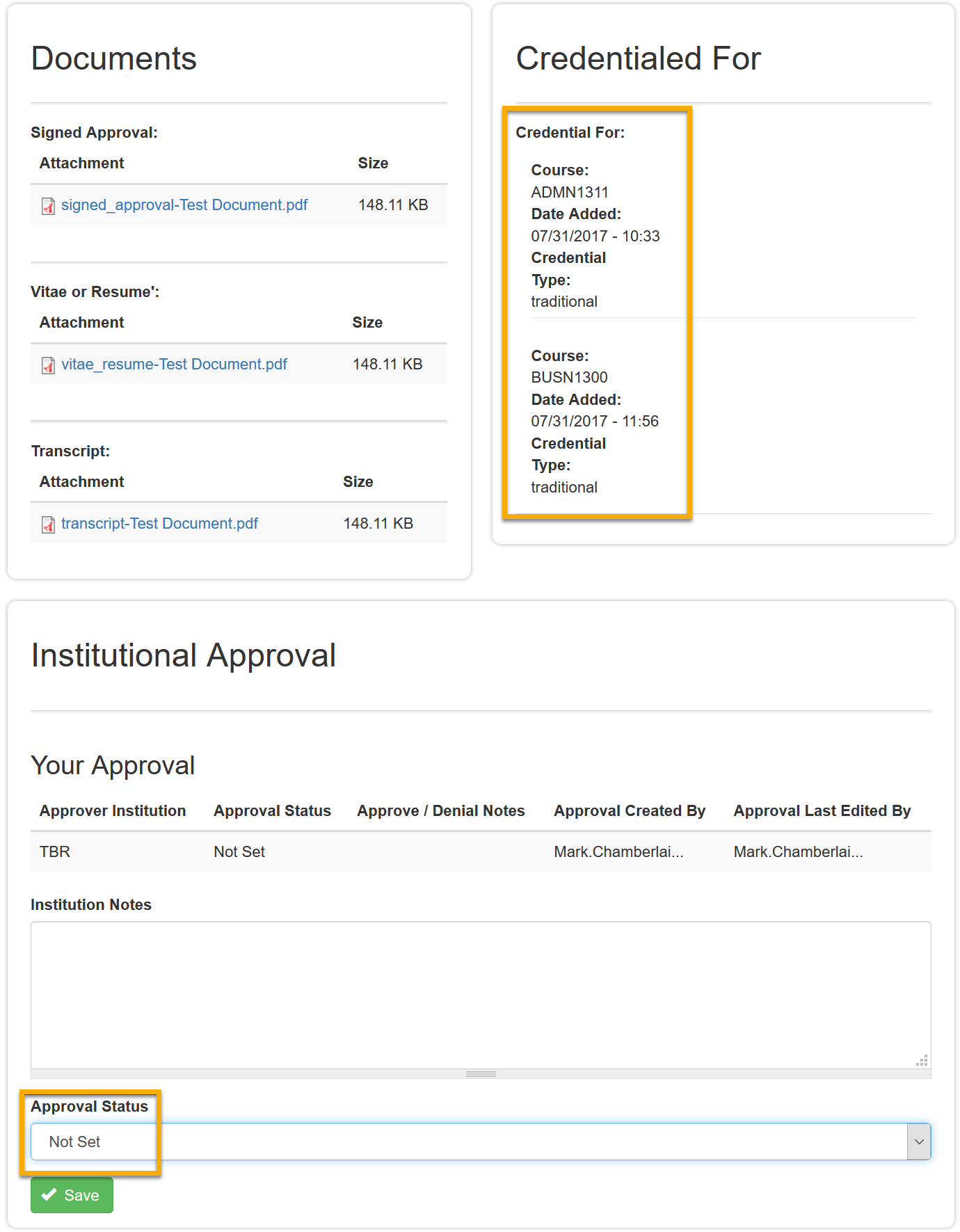Profile scrolled down to Documents and Credentials. Courses circled and Approval Status menu is open.
