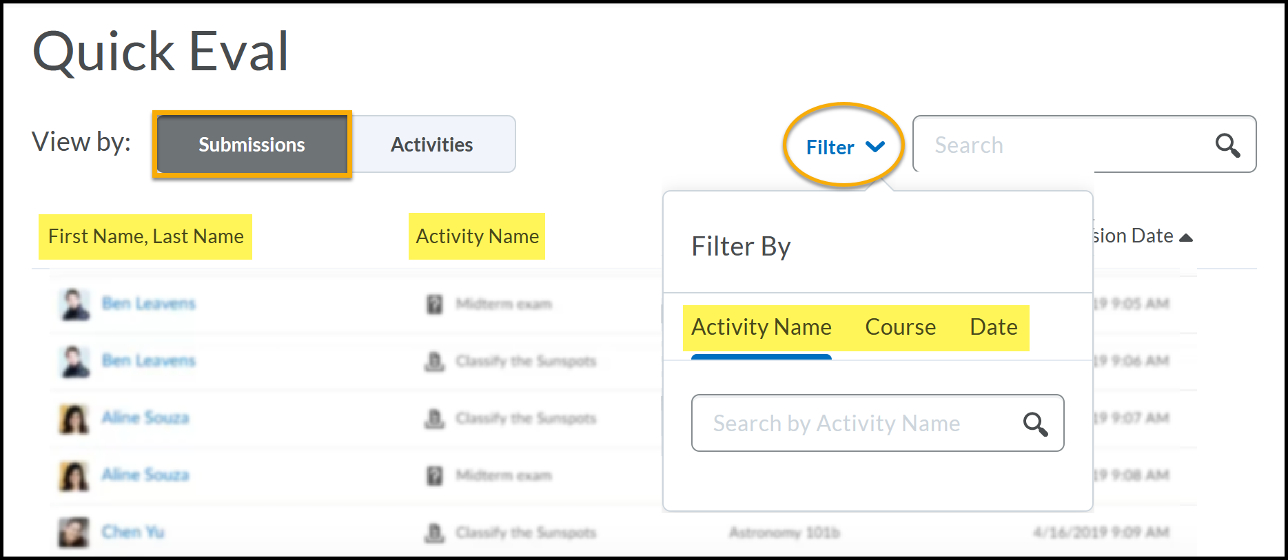 Under submission tab Name and Activity are both highlighted. The Filter is expanded to reveal Activity, Course and Date are also highlighted.