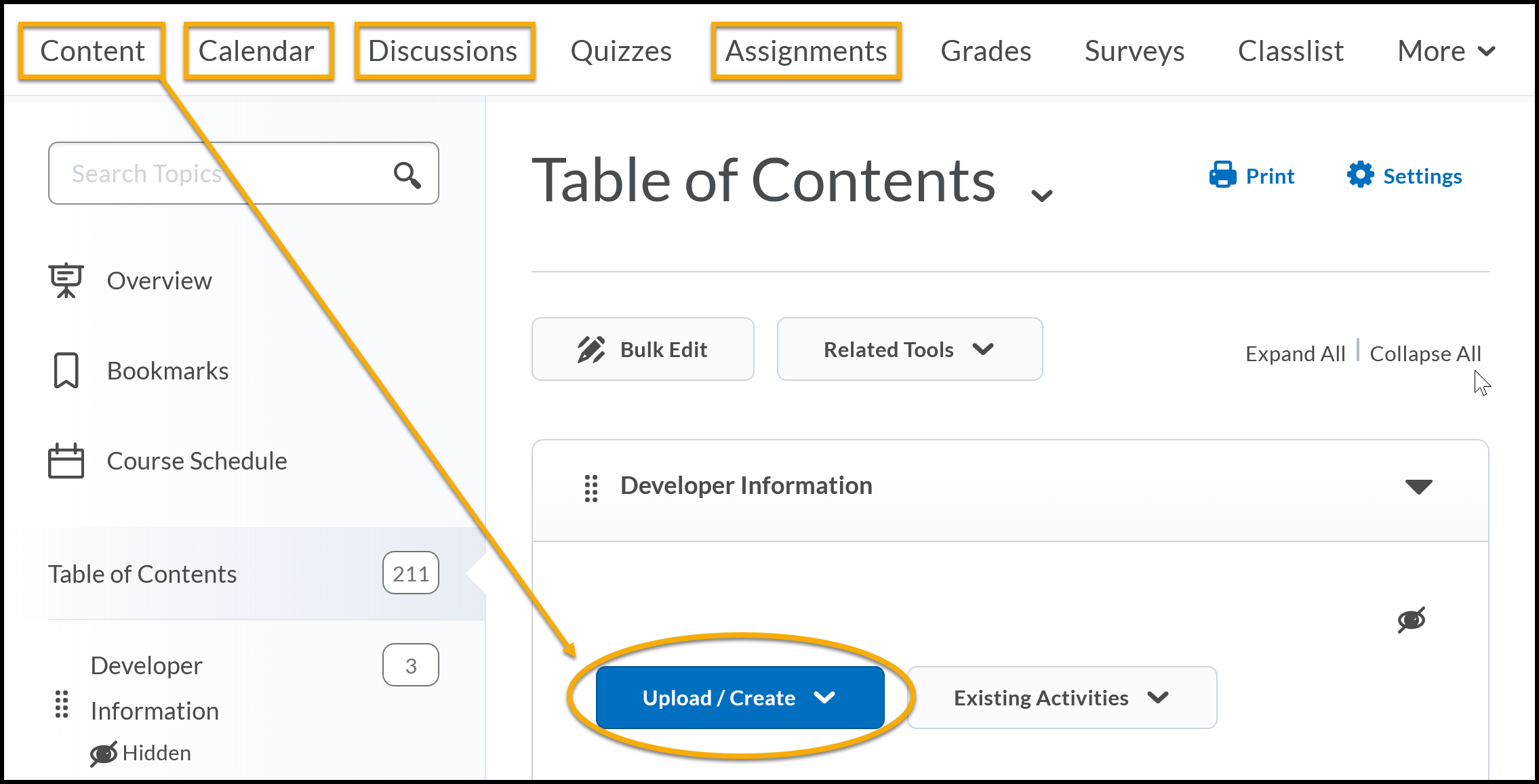 Content, Calendar, Discussions, and Assignments highlighted with arrow to Upload / Create
