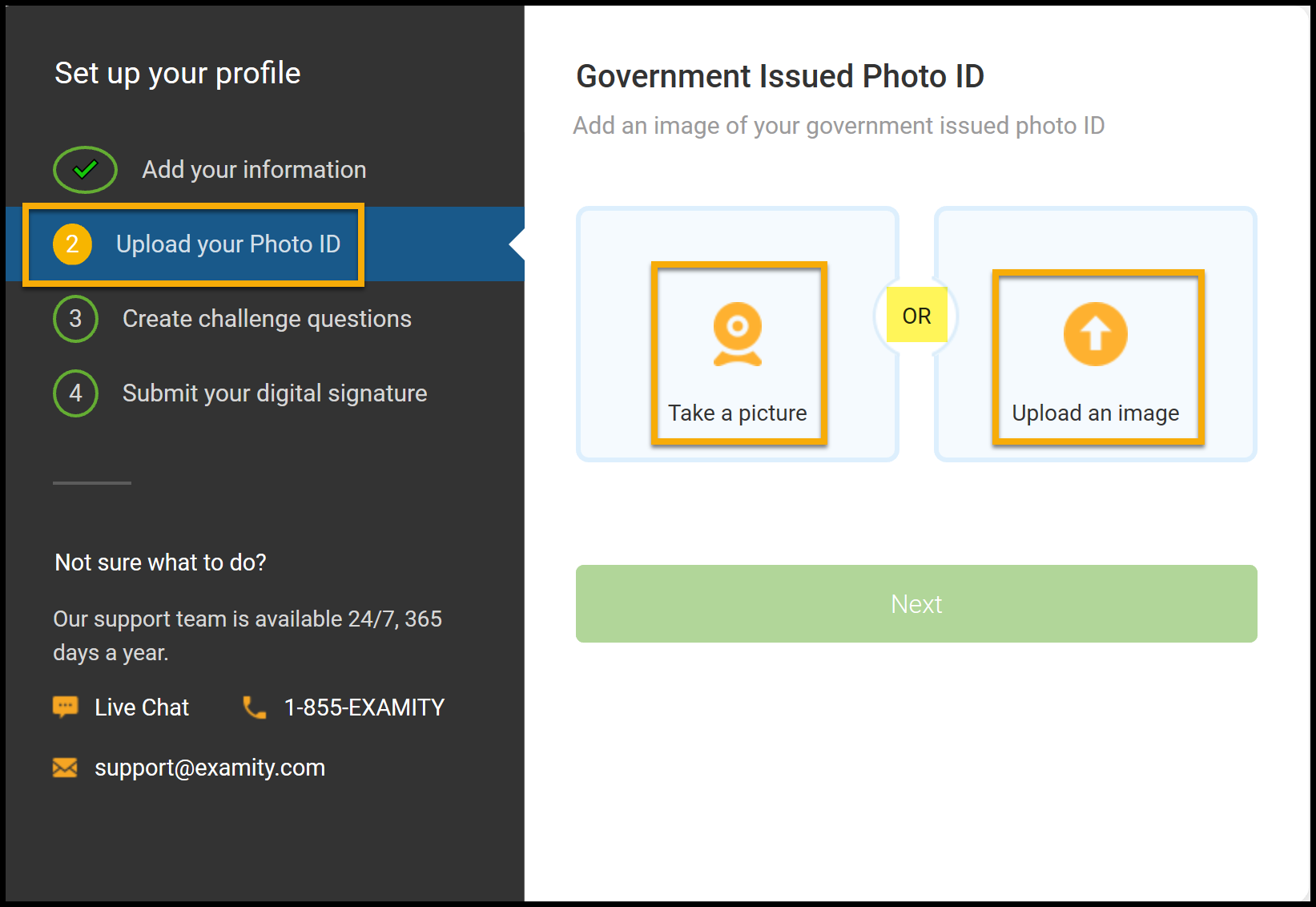 Profile page opened to Upload your Photo ID. Take and picture and Upload an image highlighted.
