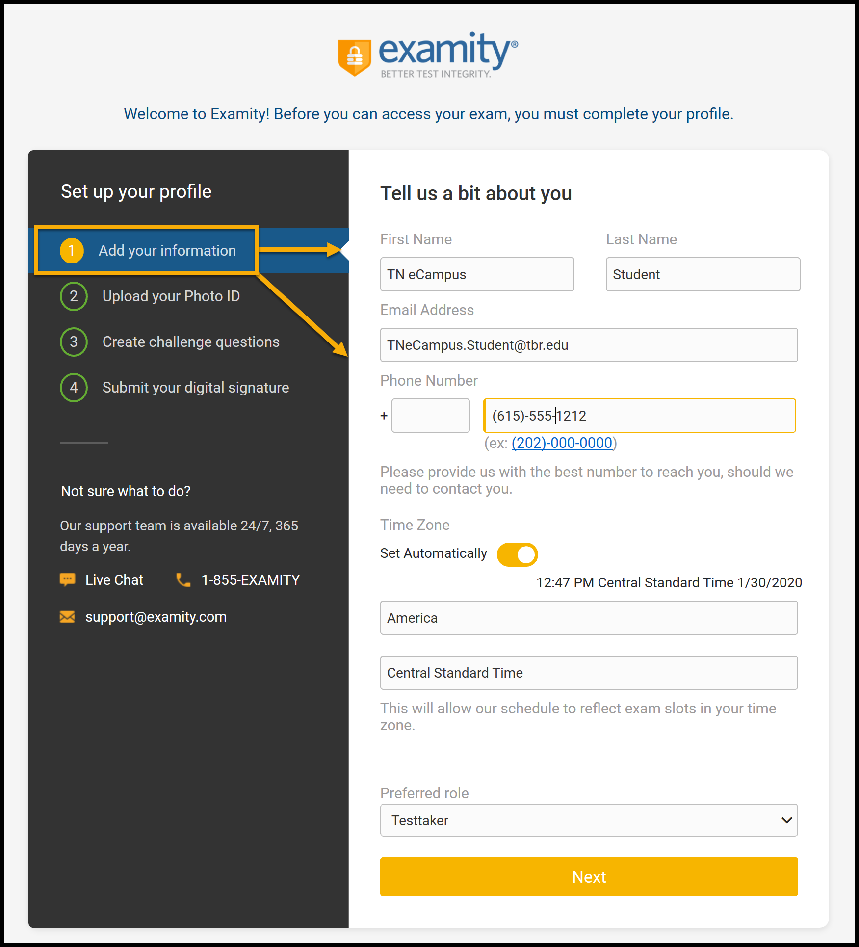Examity welcome page for Set up your profile. Add Your Information expanded to prompt pesonal information.
