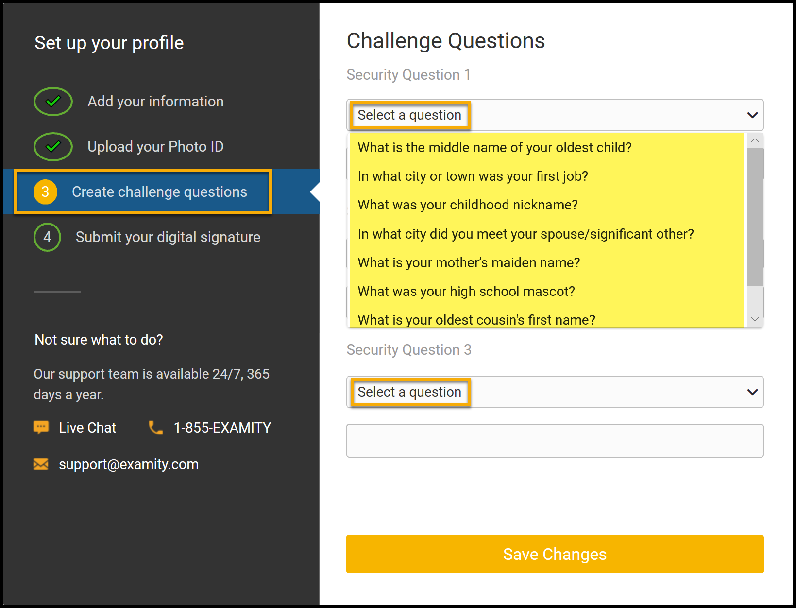 Create challendge response window opened to expanded list of typical questions that include: oldest child, first job, nickname, maiden name, mascot and oldest cousin. Field to give answer provided.