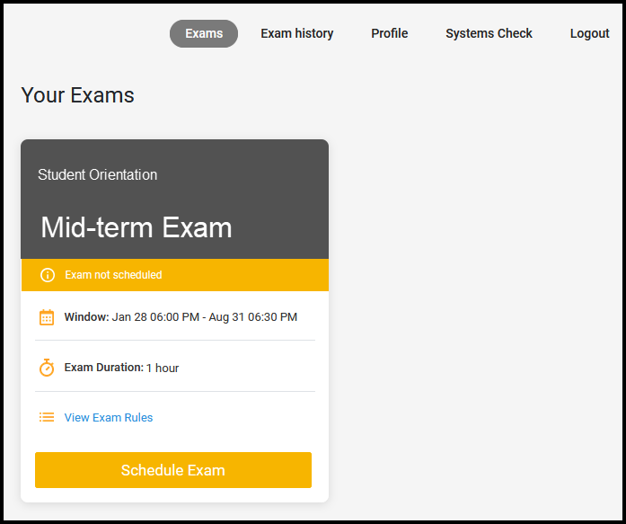 Dashboard view of Exams tab showing a sample exam with test window, duration and exam rules.