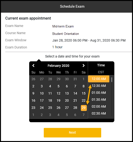 Schedule an exam calendar open with Feb. 29 and 12 am highlighted.
