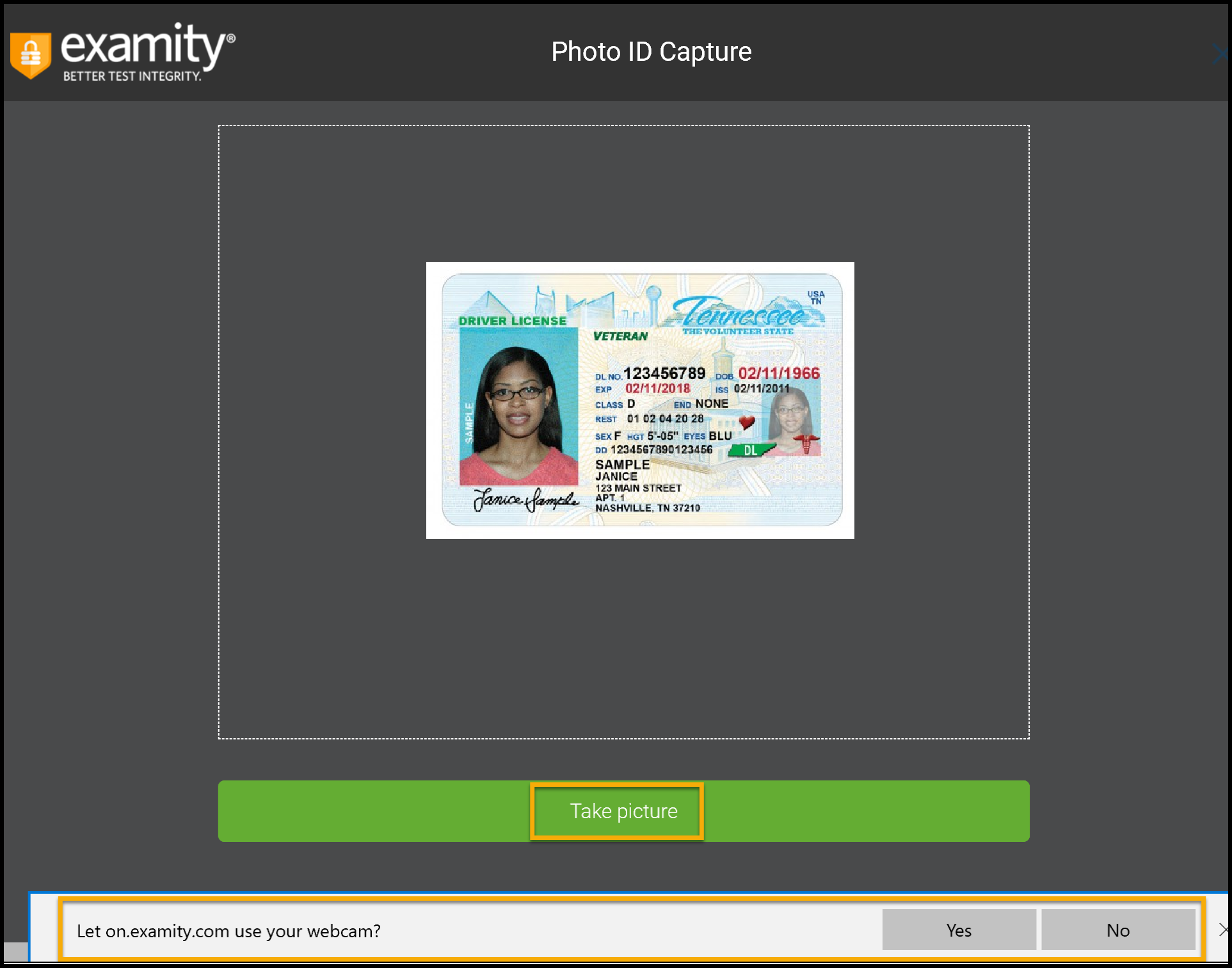 Photo ID Capture window open with sample ID image. Take picture and Let Examity use your webcam highlighted.