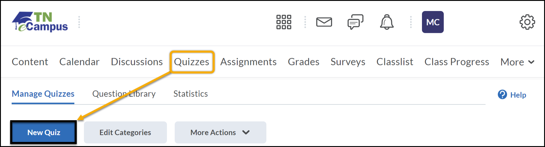 NavBar displays the Quizzes button. Arrow points to expanded Quiz list page with the New quiz button highlighted.