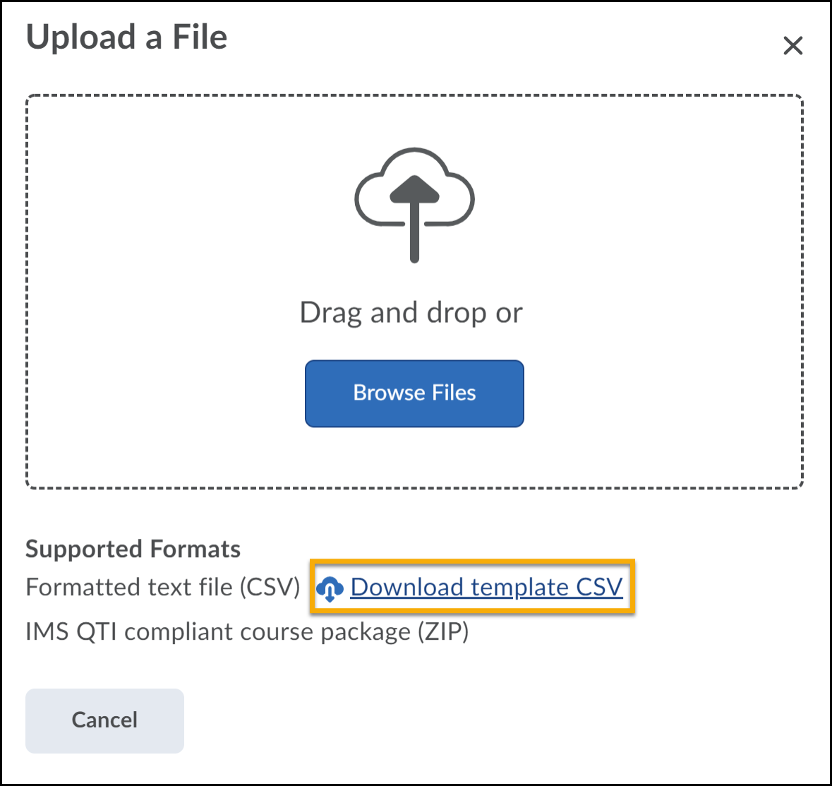Drag and drop window open. Under Support Formats, Download template CSV highlighted.
