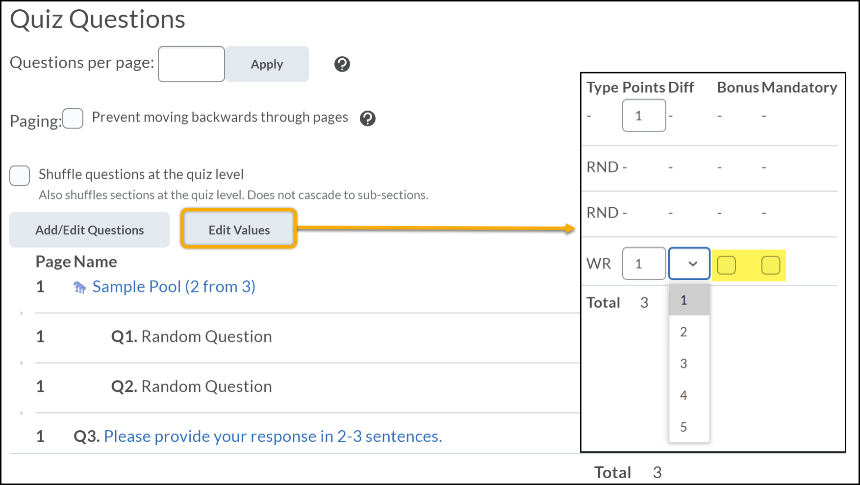 Edit values section with the textbox for the point value of a question highlighted.  Arrow pointing toward question page with Difficulty, Mandatory, and Bonus options highlighted for each question.