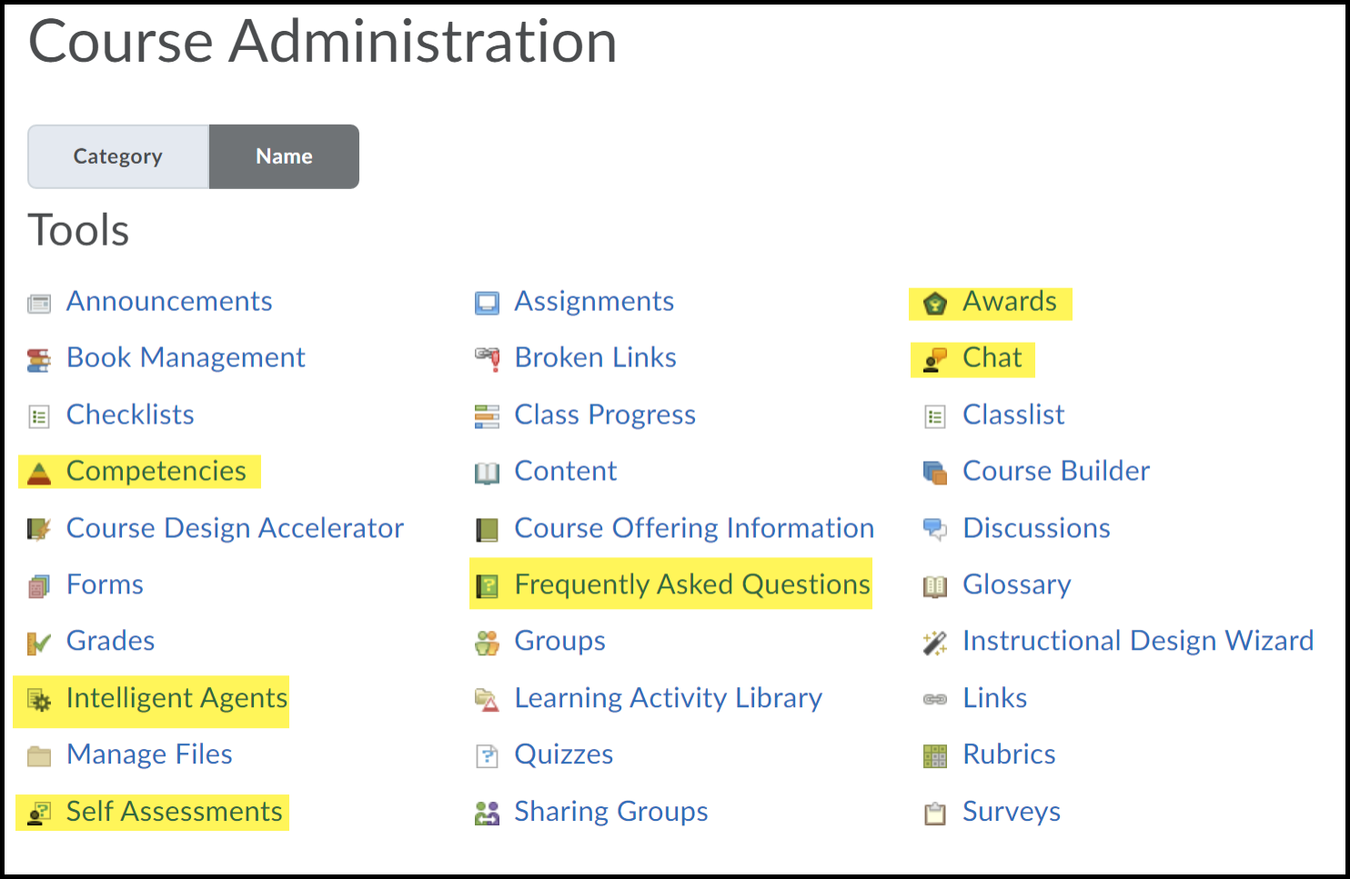 The remaining tools highlighted are Competencies, Intelligent Agents, Self Assessments, FAQ's, Awards and Chat.