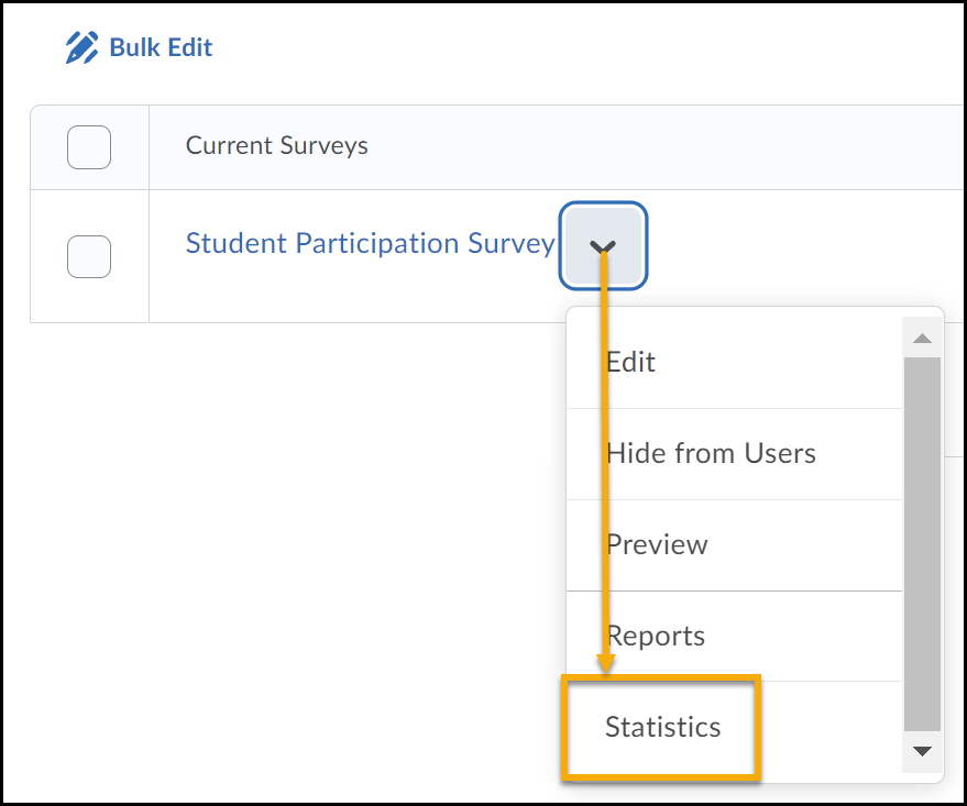 Student participation survey with drop down menu expanded and arrow pointing to statistics link