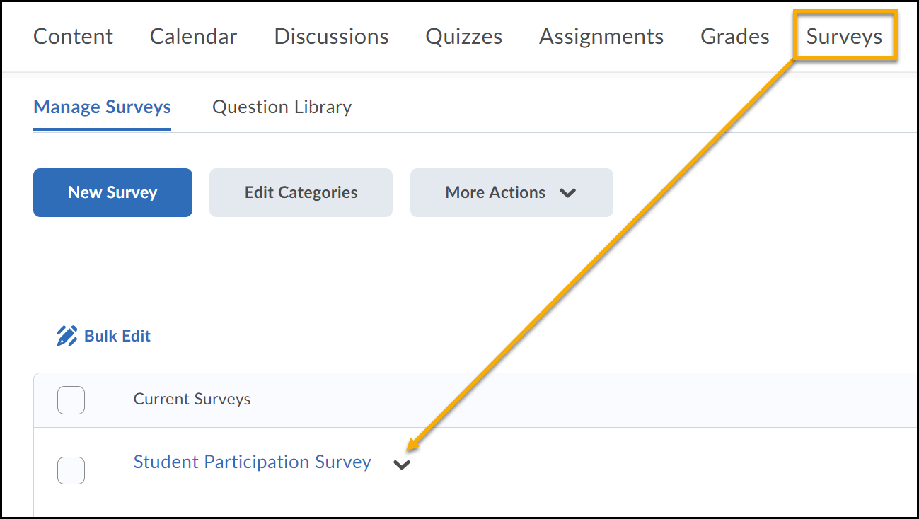 Course tools drop down list with arrow pointing to surveys link