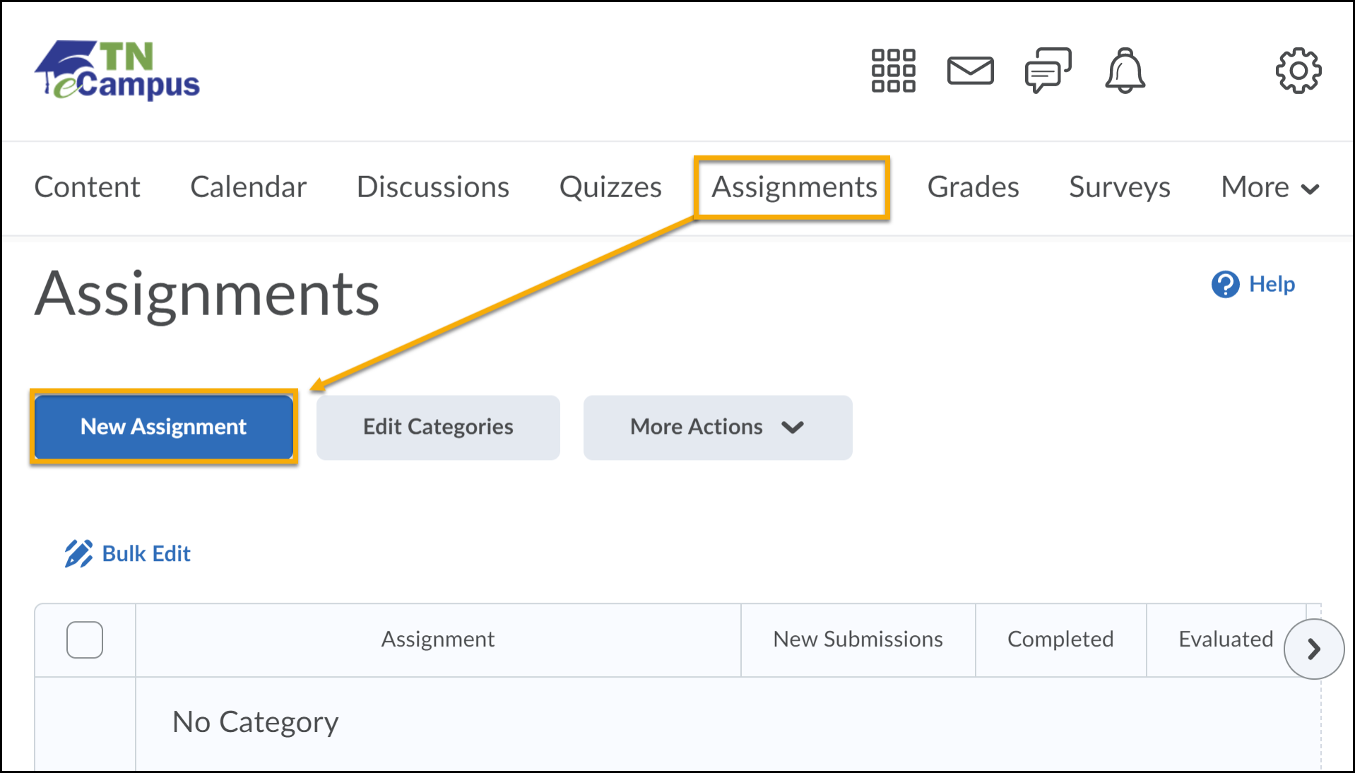 Assignments highlighted from the NavBar with arrow pointing to New Assignment.