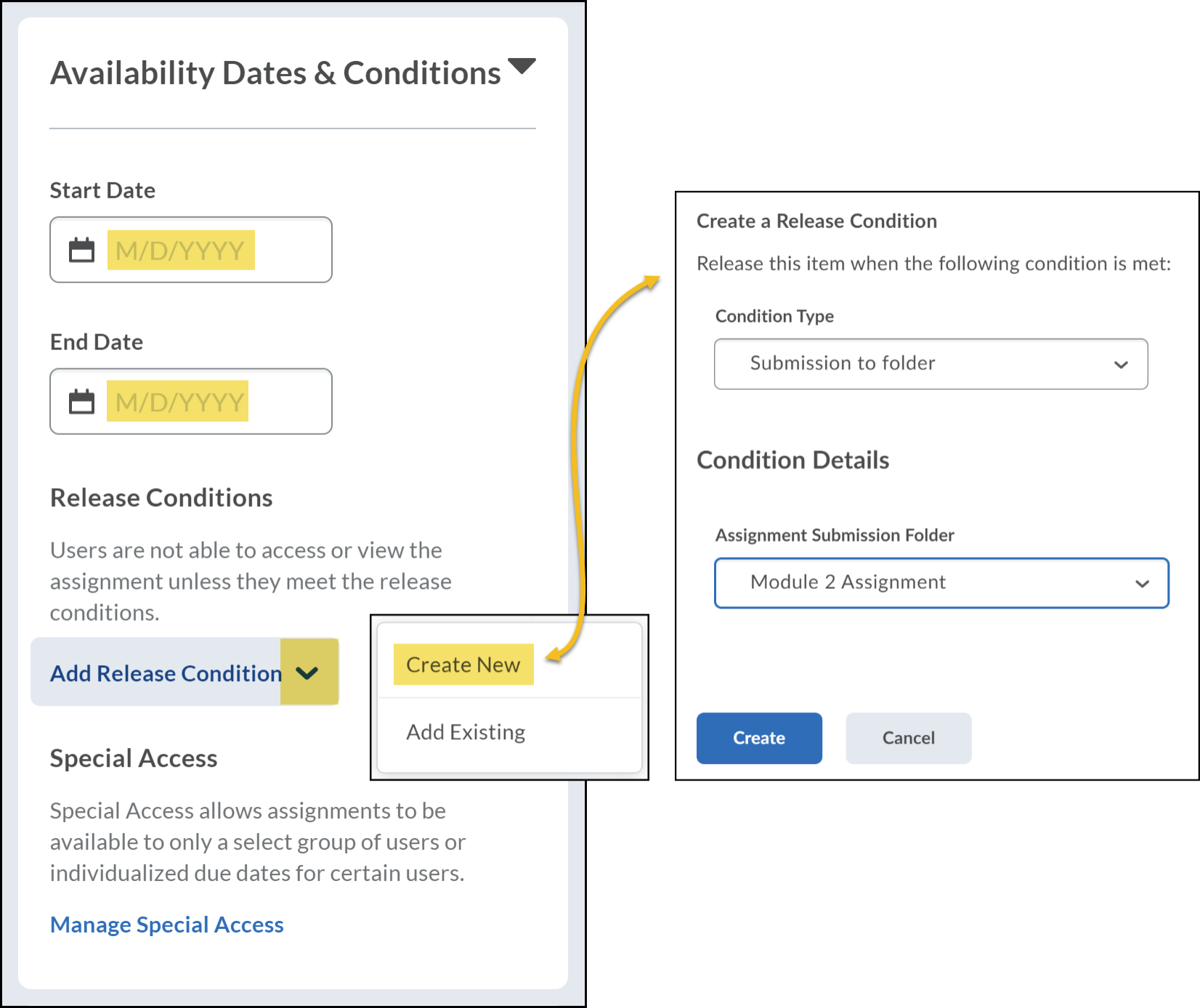 Availability Dates & Conditions window expanded to Start/End Date and Release Conditions. Arrow pointing to new Release conditions window. Condition Type and Condition Details choices available.