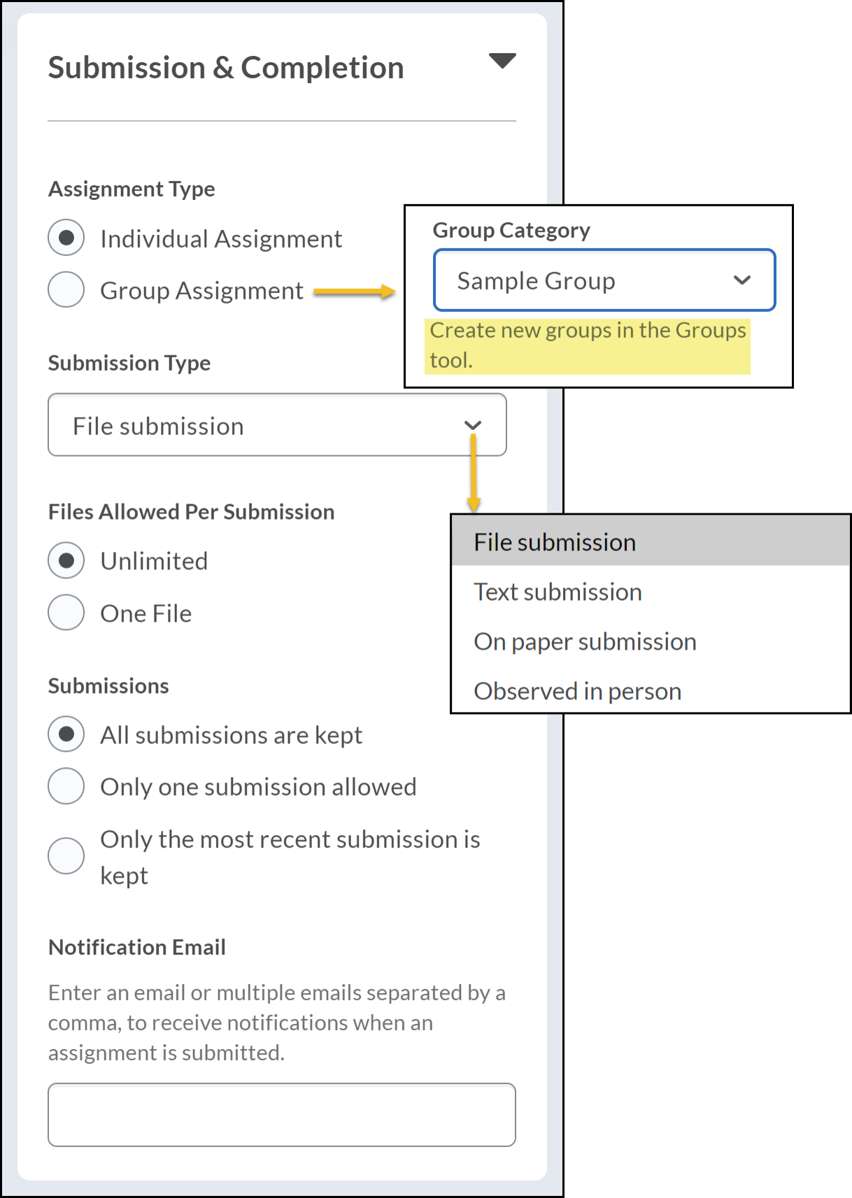 Submission & Completion window with choices for Assignment Type, Files Allowed, and Submissions.