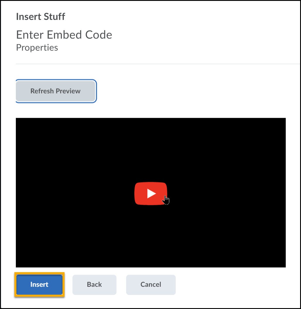 Code entered with an option to preview video and Insert highlighted.