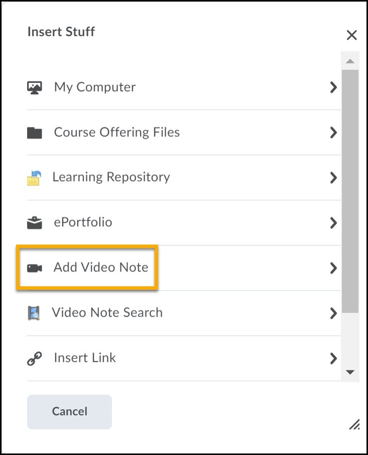 Add Video Note highlighted from the Insert Stuff tool.