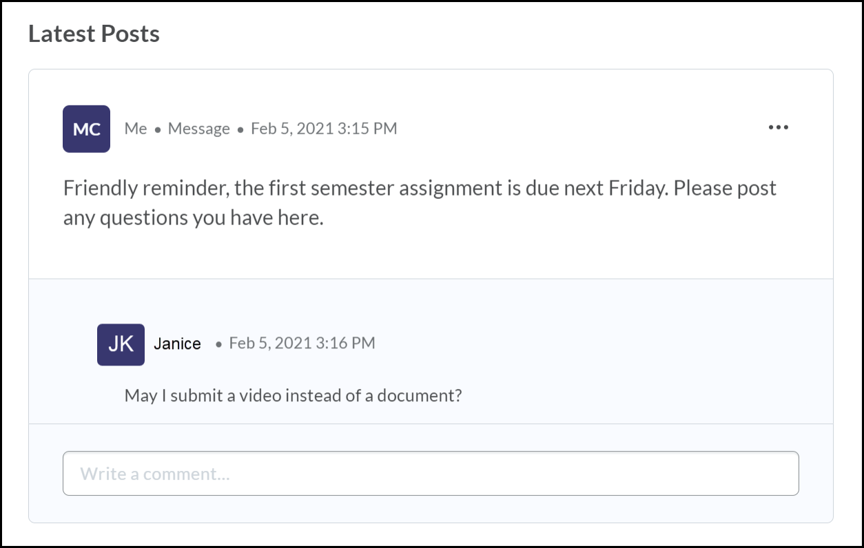 Latest Post window expanded to show instructor reminder on an assignment and a student follow up question.