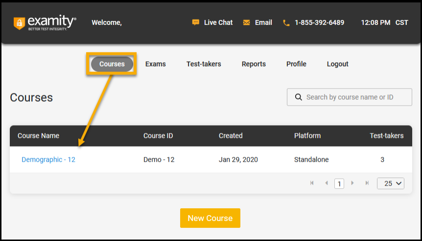 Examity dashboard with Courses highlighted and expanded to show sample course.