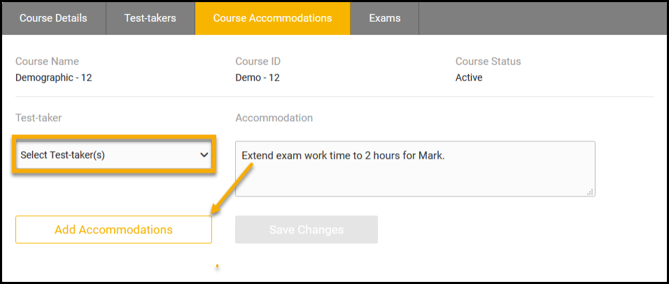 Course Accommodation tab expanded to choose students and add accommodations details.