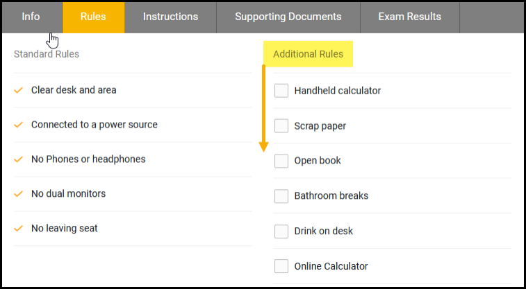 Exam Rules sub tab expanded to show Standard Rules and possible Additional Rules.