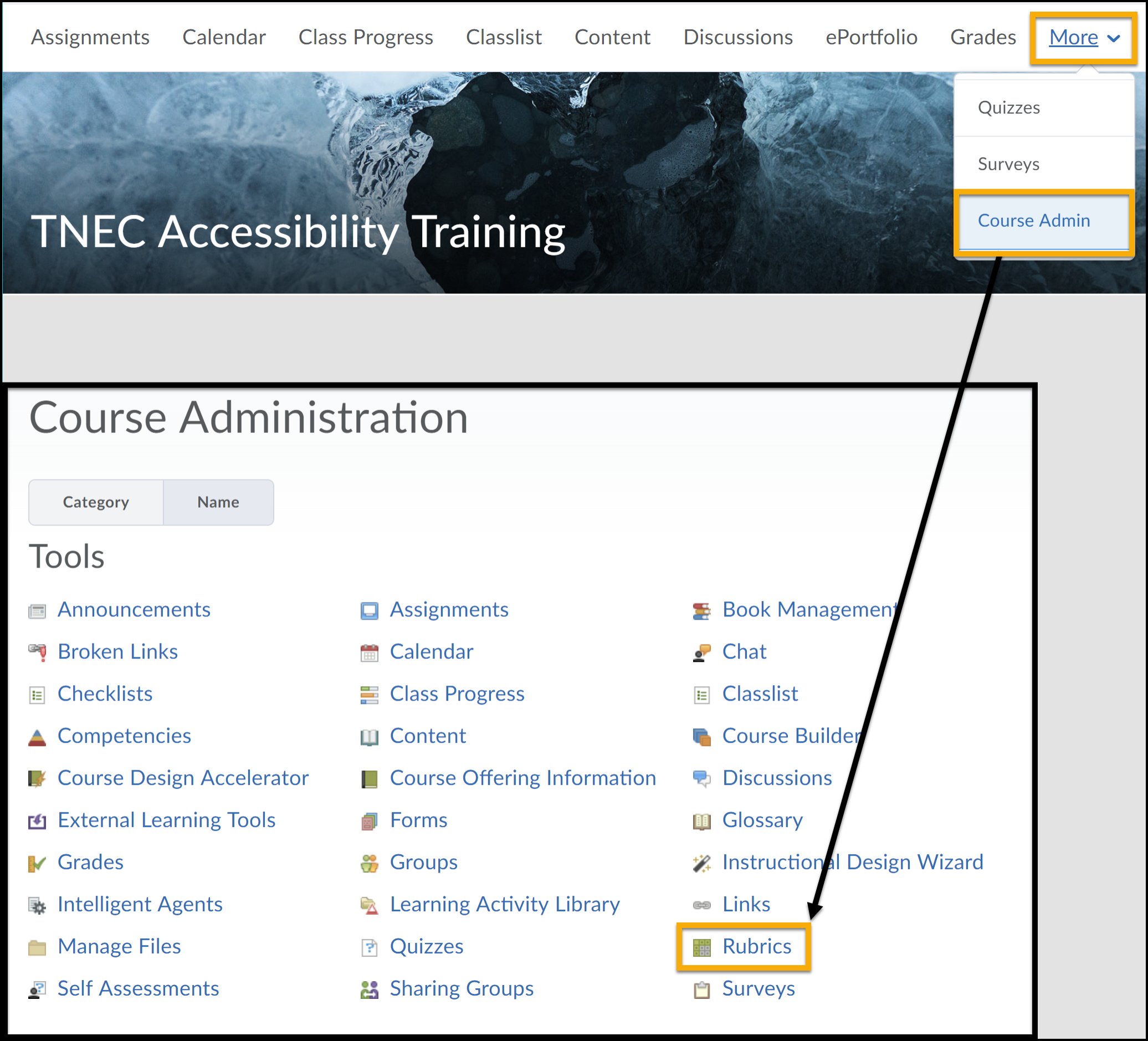 More and Course Admin highlighted on the navbar. Arrow pointing toward Course Admin page. Rubrics highlighted.