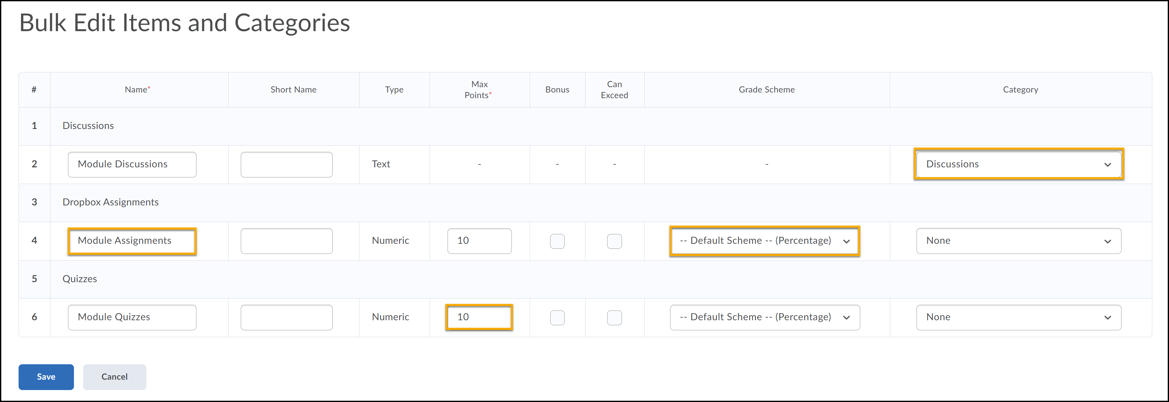 Editable fields highlighted, including categories, grade scheme, points and title.
