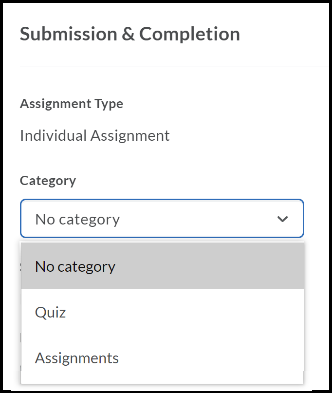 Category menu expanded to reveal Quiz and Assignment